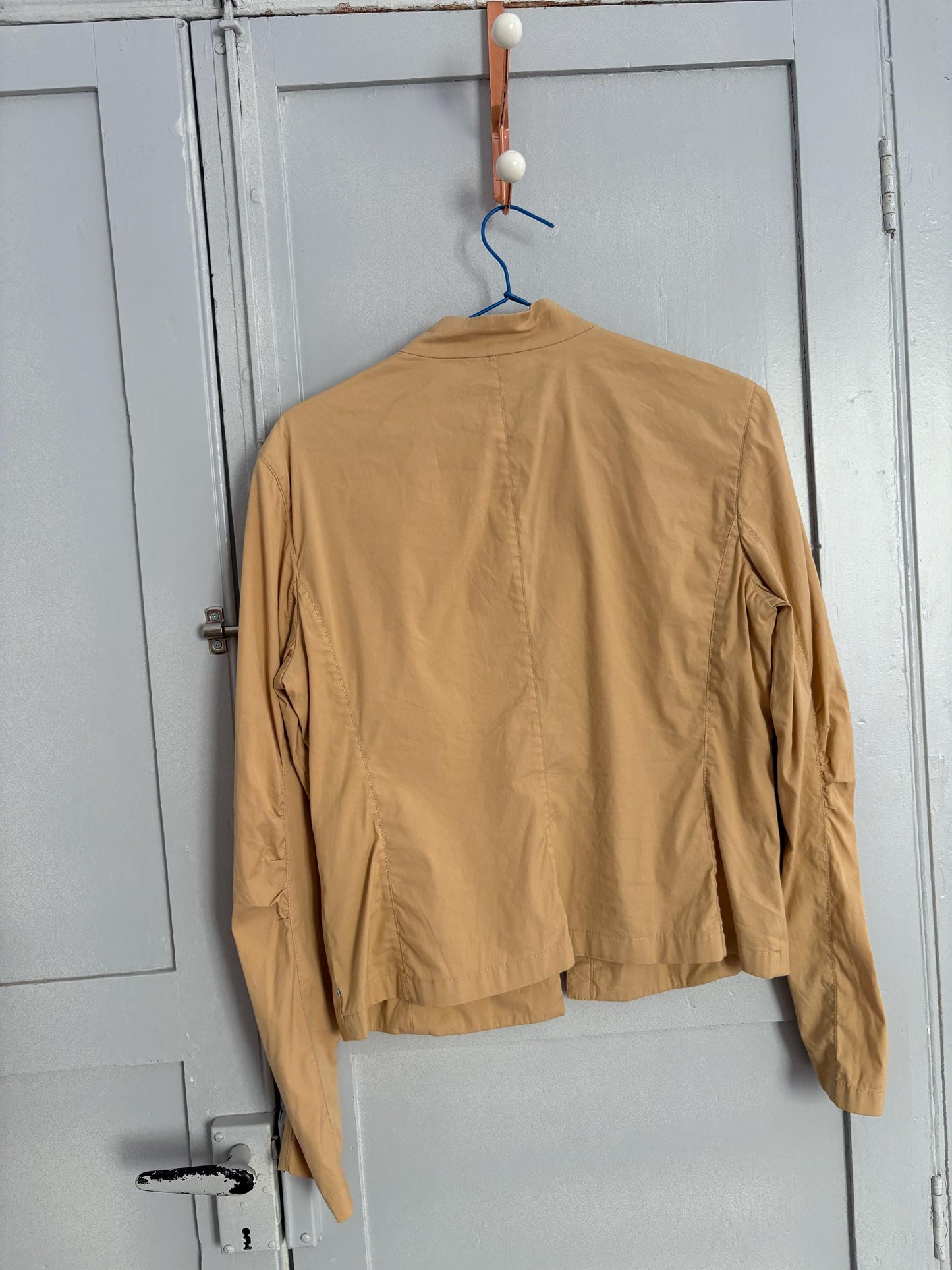 Vintage Strenesse blue beige modern fit woman shirt, minimalist button up shirt, mock neck long sleeve shirt, S