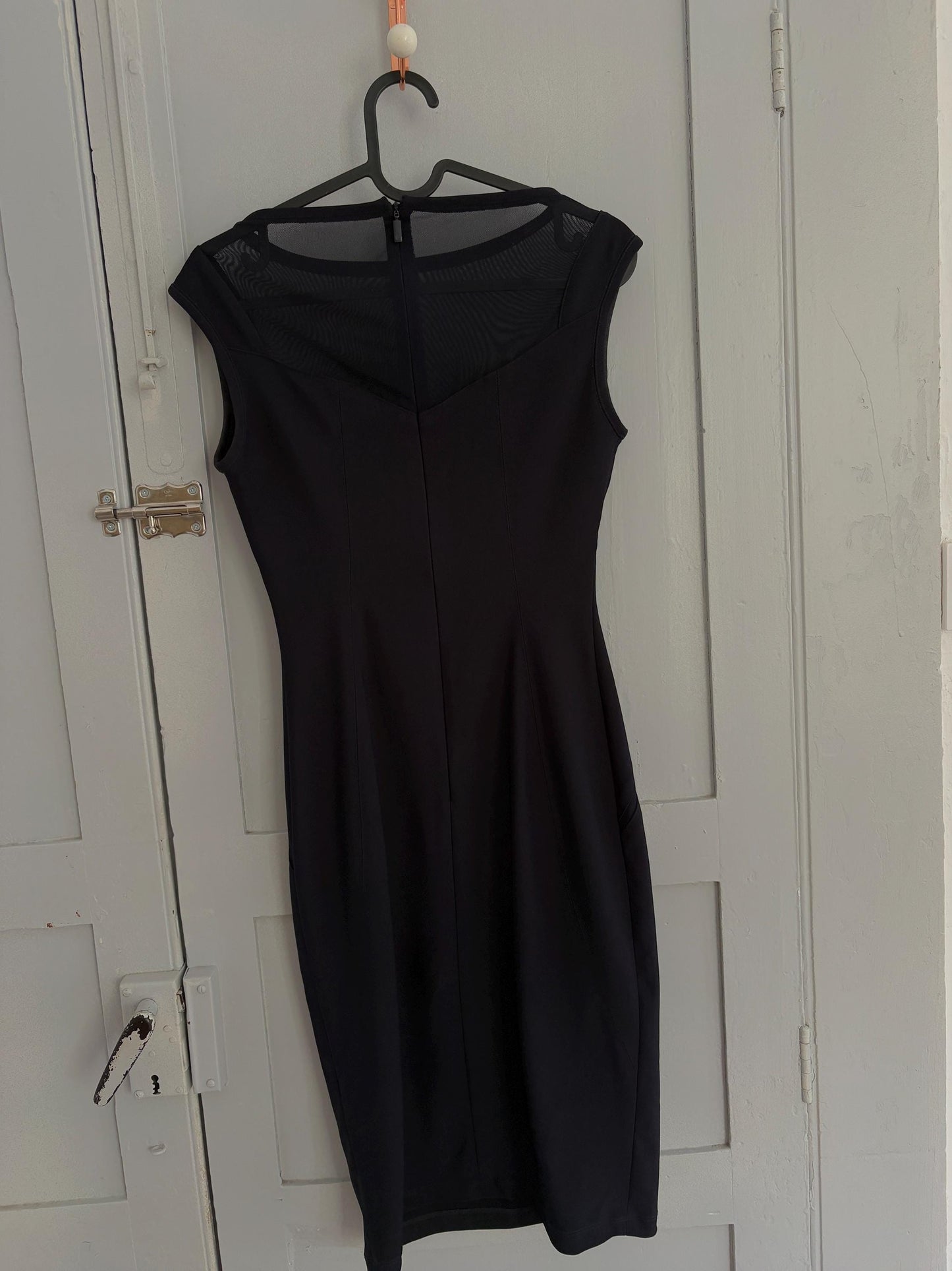 Vinte dark blue ADOLFO DOMINGUEZ pencil dress, Luxury designer tight dress with sheer neckline, XS