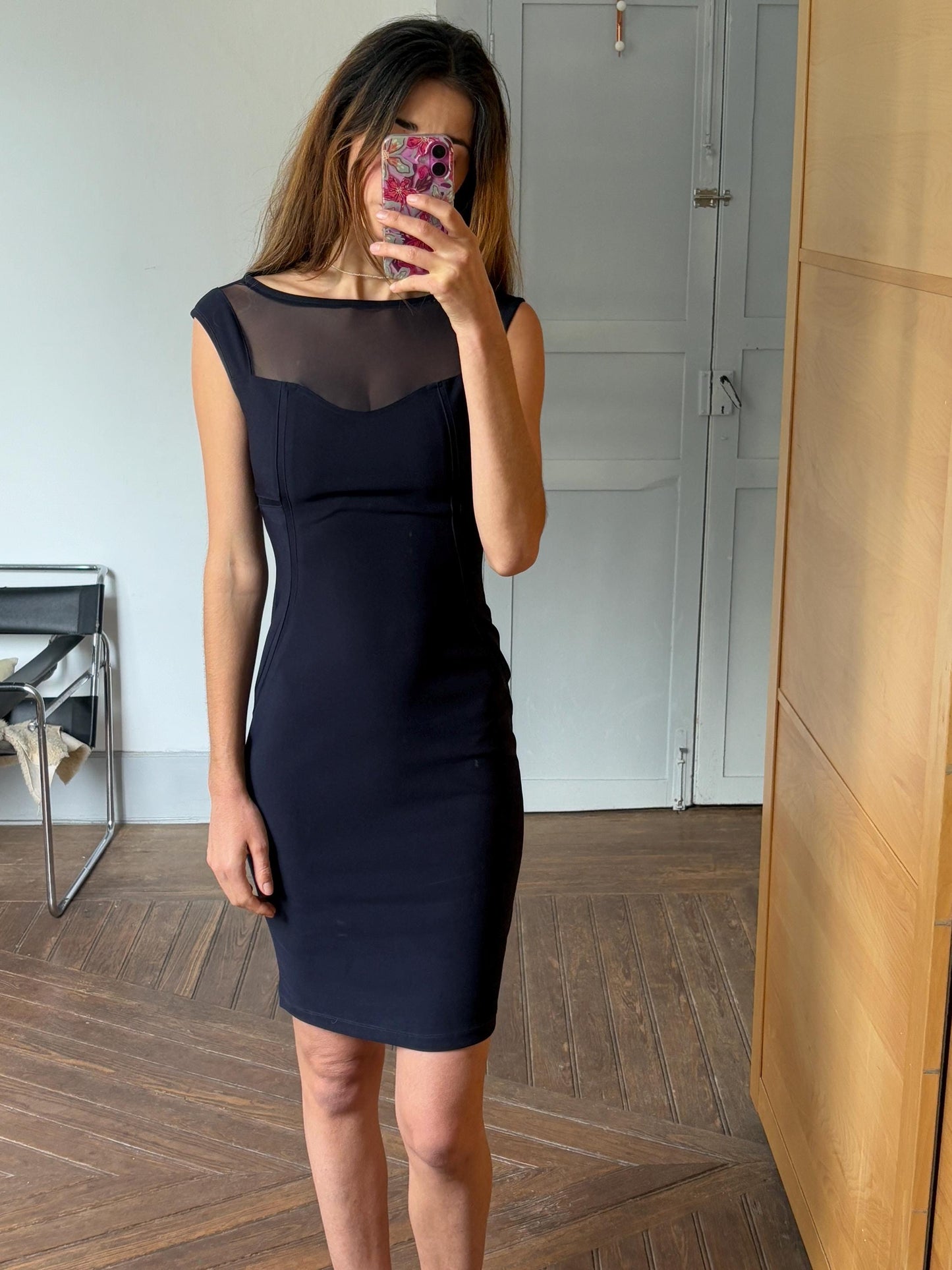Vinte dark blue ADOLFO DOMINGUEZ pencil dress, Luxury designer tight dress with sheer neckline, XS