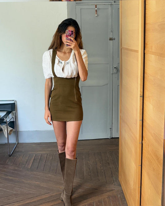 Vintage Stefanel kaki skirt with straps, Sexy tight mini skirt, Italian designer fashion