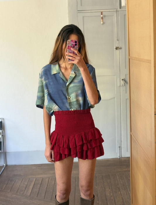 Vintage retro women's blouse, Abstract 70s woman shirt, Cropped summer blouse, Blue tie dye pattern shirt, Colourful flashy top