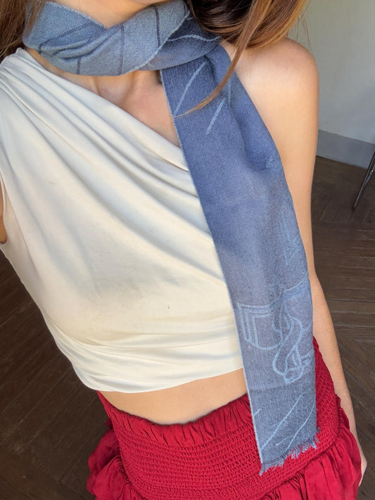 Vintage Blue Silk Cashmere Scarf with Apothecary Symbol