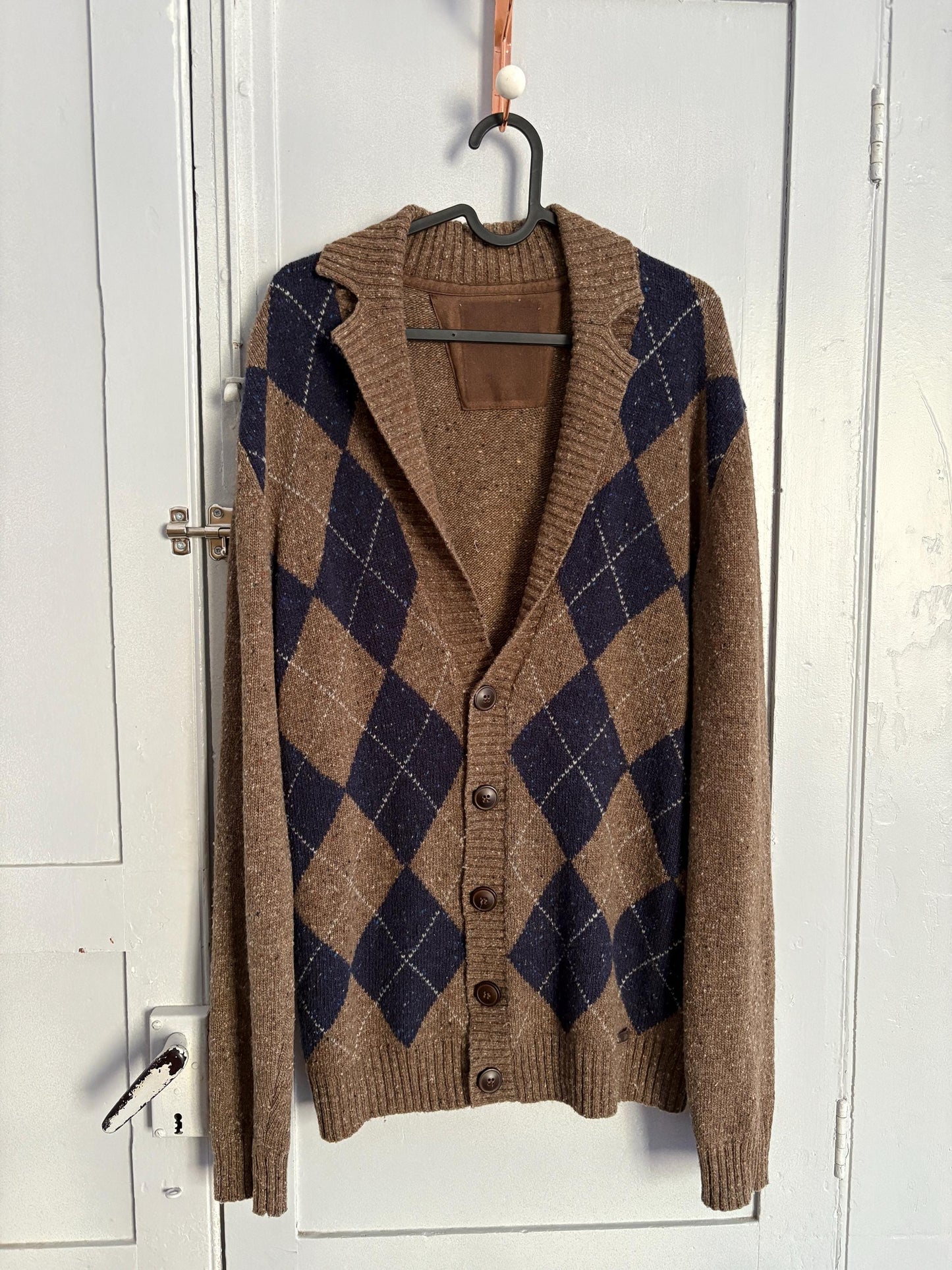 Wool Blend Cardigan Vest, Oversized Button Up Knitwear, Argyle Pattern Cozy Sweater, Retro Fall Fashion, L