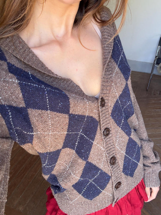 Wool Blend Cardigan Vest, Oversized Button Up Knitwear, Argyle Pattern Cozy Sweater, Retro Fall Fashion, L