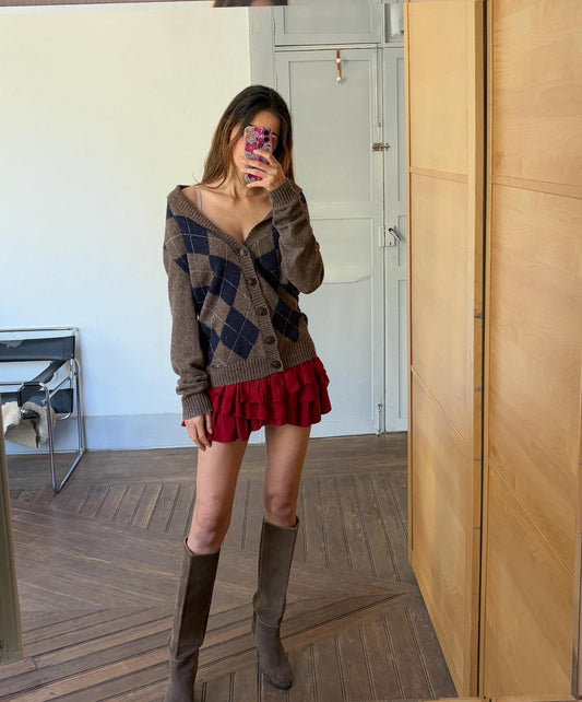 Wool Blend Cardigan Vest, Oversized Button Up Knitwear, Argyle Pattern Cozy Sweater, Retro Fall Fashion