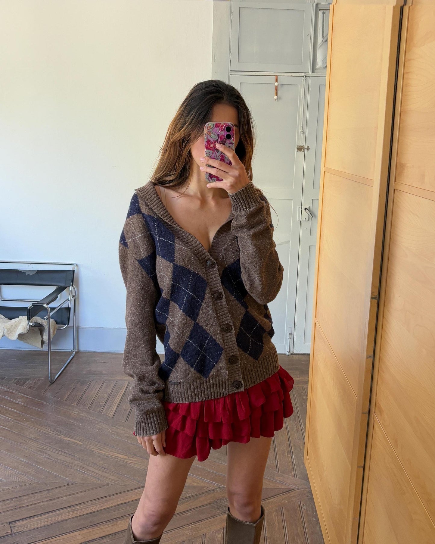 Wool Blend Cardigan Vest, Oversized Button Up Knitwear, Argyle Pattern Cozy Sweater, Retro Fall Fashion, L