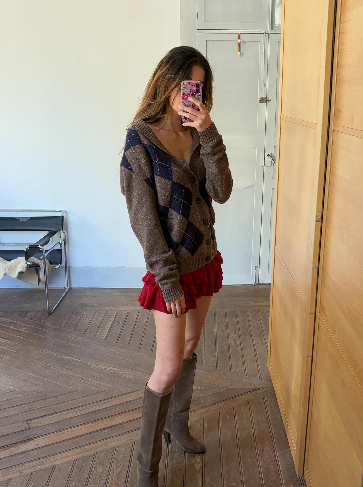 Wool Blend Cardigan Vest, Oversized Button Up Knitwear, Argyle Pattern Cozy Sweater, Retro Fall Fashion, L