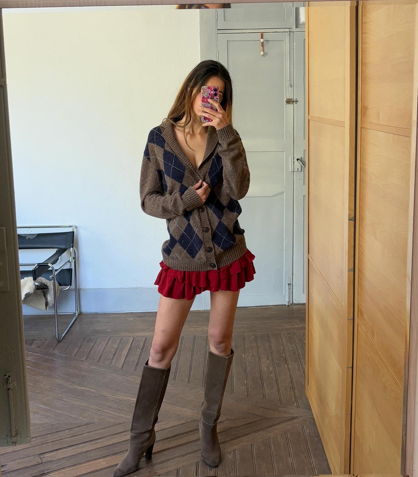 Wool Blend Cardigan Vest, Oversized Button Up Knitwear, Argyle Pattern Cozy Sweater, Retro Fall Fashion, L