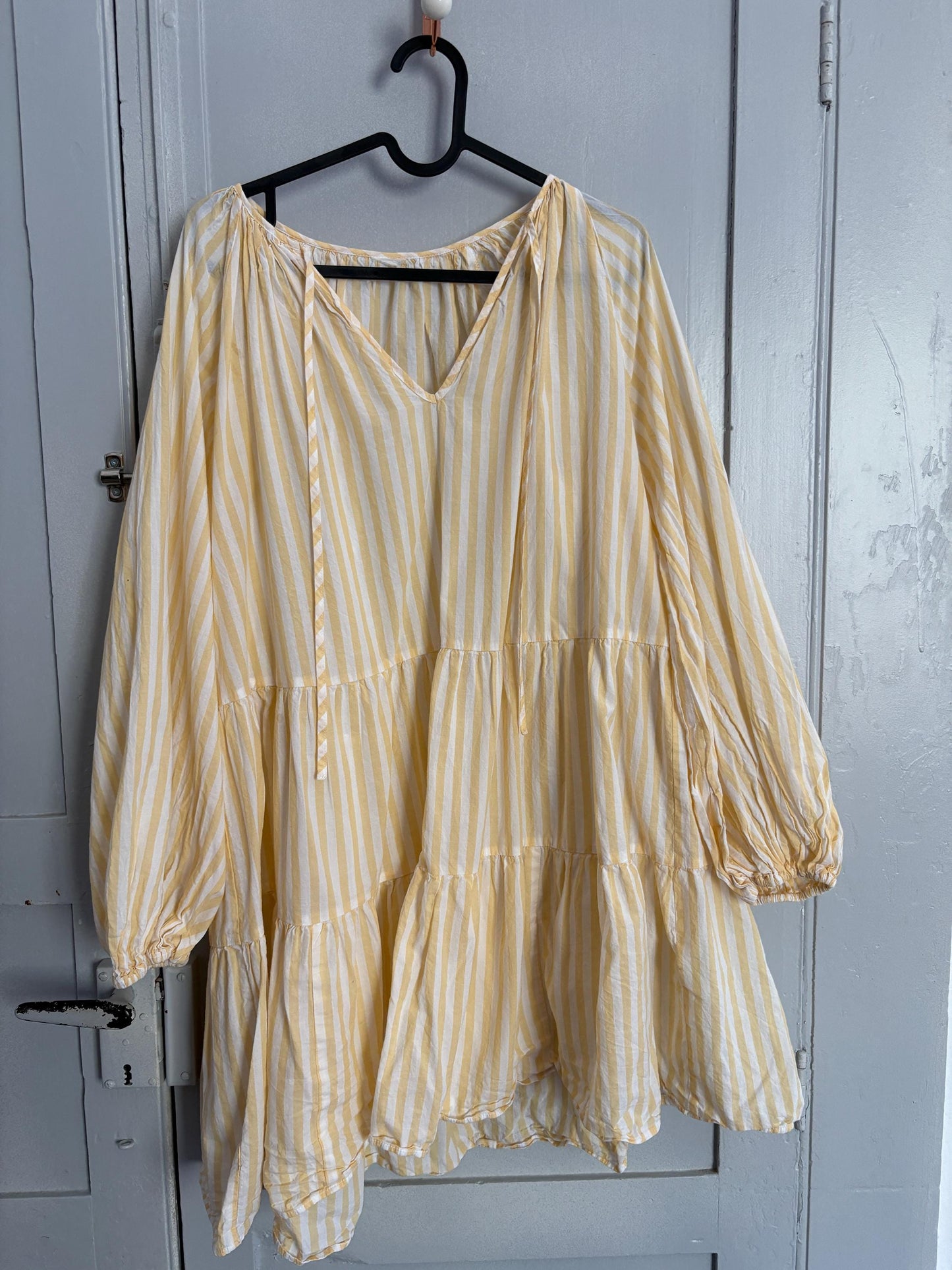 Short yellow and white cute striped mini dress with Puff sleeves, Scandic fashion piece of clothing, Unique short summer dress, Size S