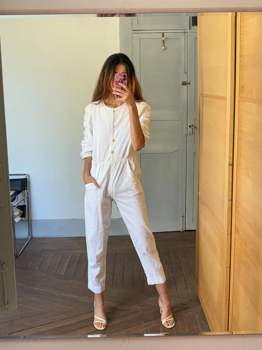 Vintage white long jumpsuit, Retro puff sleeve playsuit, loose fit play outfit, Retro workwear, S