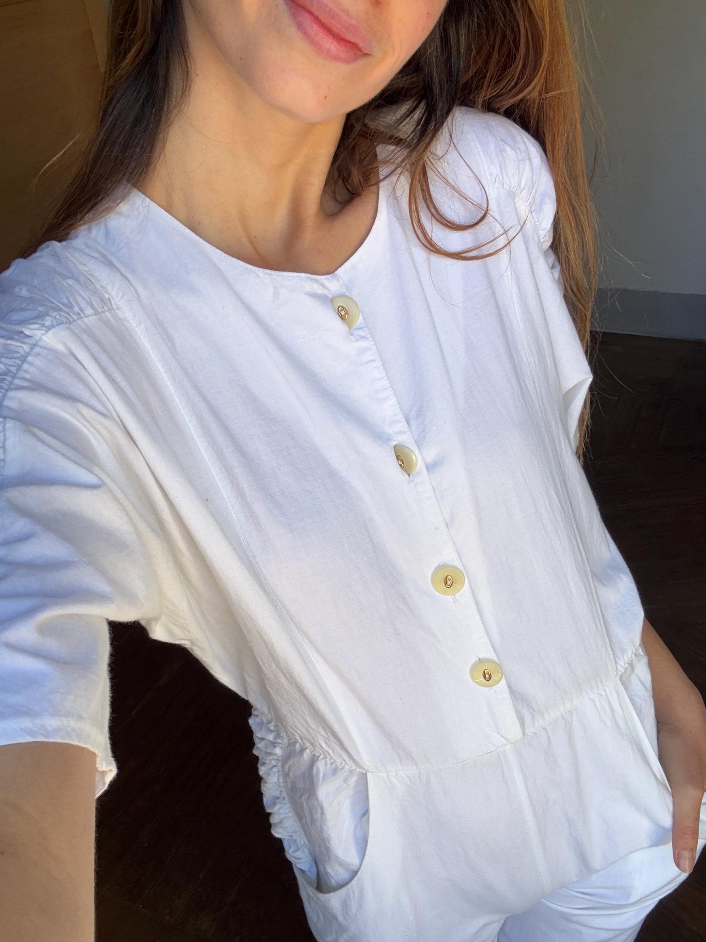 Vintage white long jumpsuit, Retro puff sleeve playsuit, loose fit play outfit, Retro workwear, S