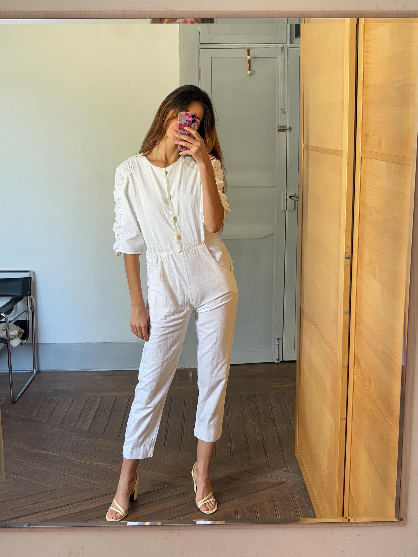 Vintage white long jumpsuit, Retro puff sleeve playsuit, loose fit play outfit, Retro workwear, S