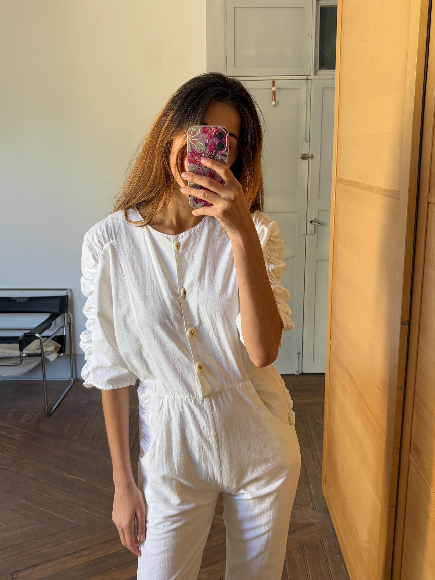 Vintage white long jumpsuit, Retro puff sleeve playsuit, loose fit play outfit, Retro workwear, S