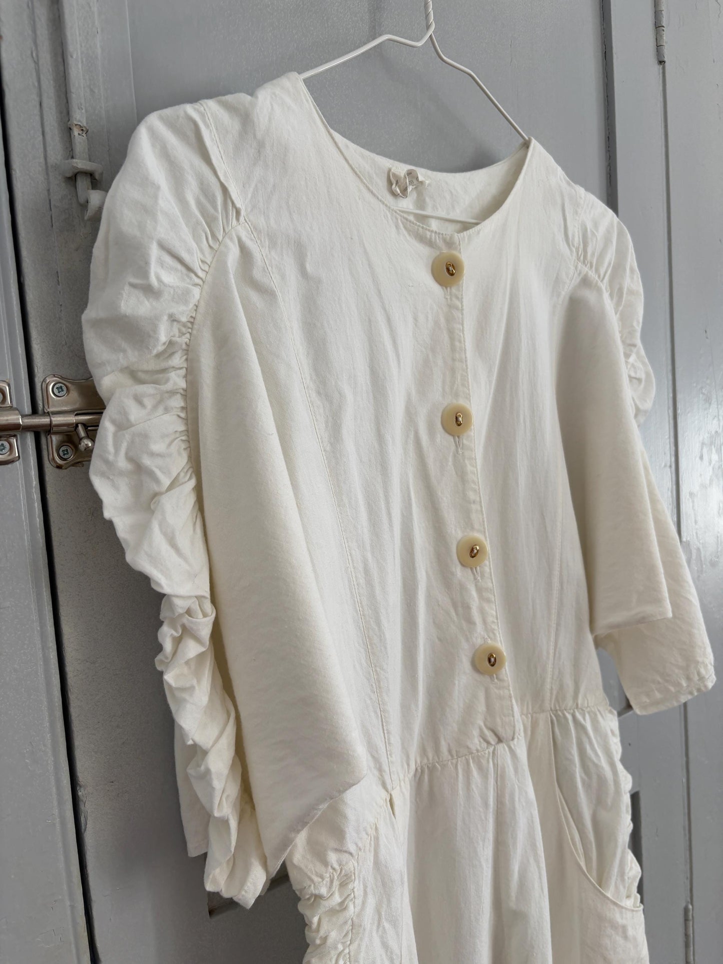 Vintage white long jumpsuit, Retro puff sleeve playsuit, loose fit play outfit, Retro workwear, S