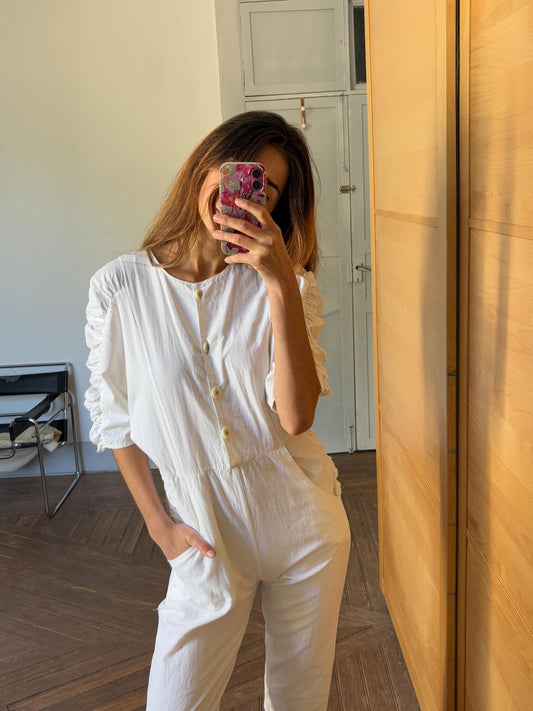 Vintage white long jumpsuit, Retro puff sleeve playsuit, loose fit play outfit, Retro workwear, S