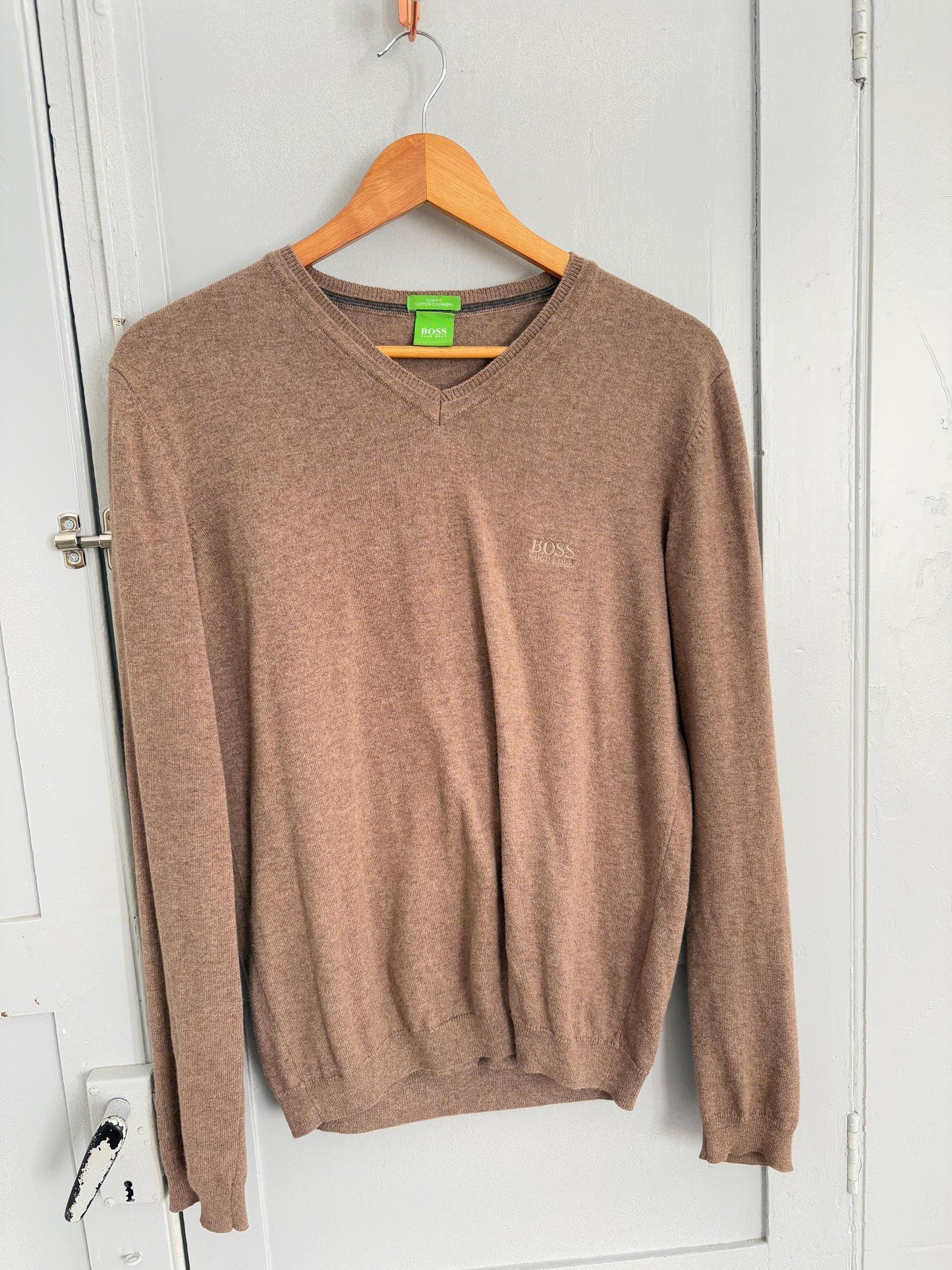 Light academia vintage Hugo Boss pullover, Cotton - cashmere winter sweater, Cozy tan slim fit autumn knit, Size M