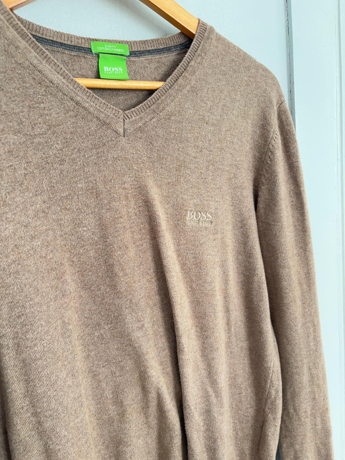 Light academia vintage Hugo Boss pullover, Cotton - cashmere winter sweater, Cozy tan slim fit autumn knit, Size M