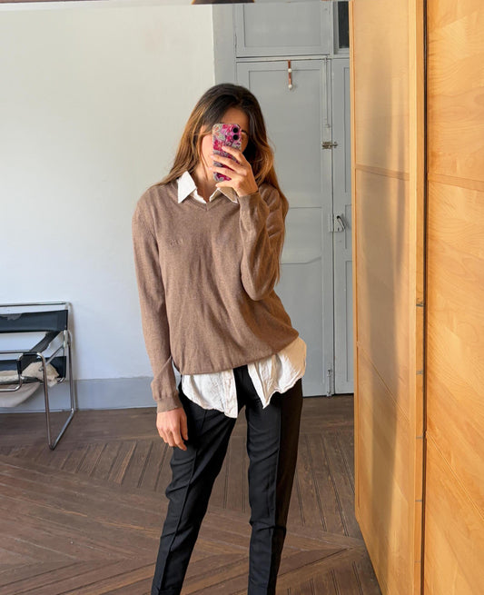 Light academia vintage Hugo Boss pullover, Cotton - cashmere winter sweater, Cozy tan slim fit autumn knit, Size M