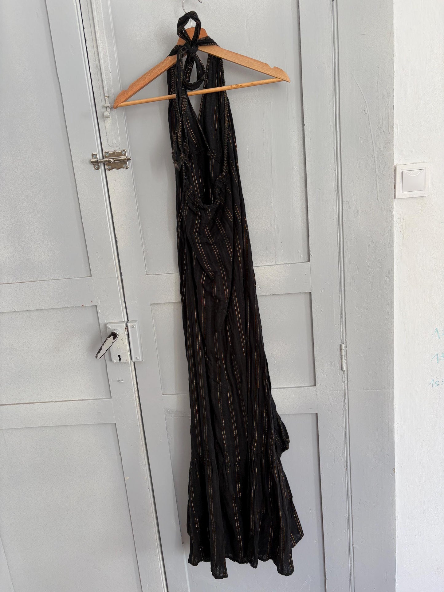 Vintage black and gold maxi dress, Designer long Basic casual loose fit summer dress, Sexy deep v neck line feminine summer clothing