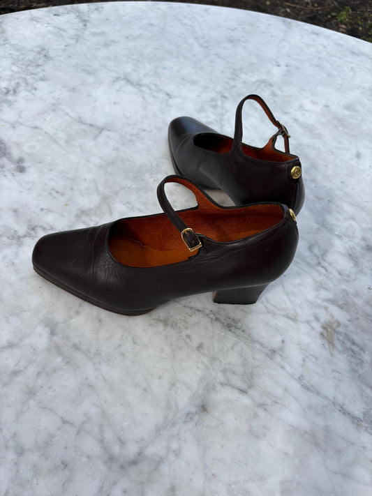 Vintage El Caballo dark brown leather Mary Jane heels, 8 cm block heel shoes, made in Spain, 36 size, classic retro leather pumps