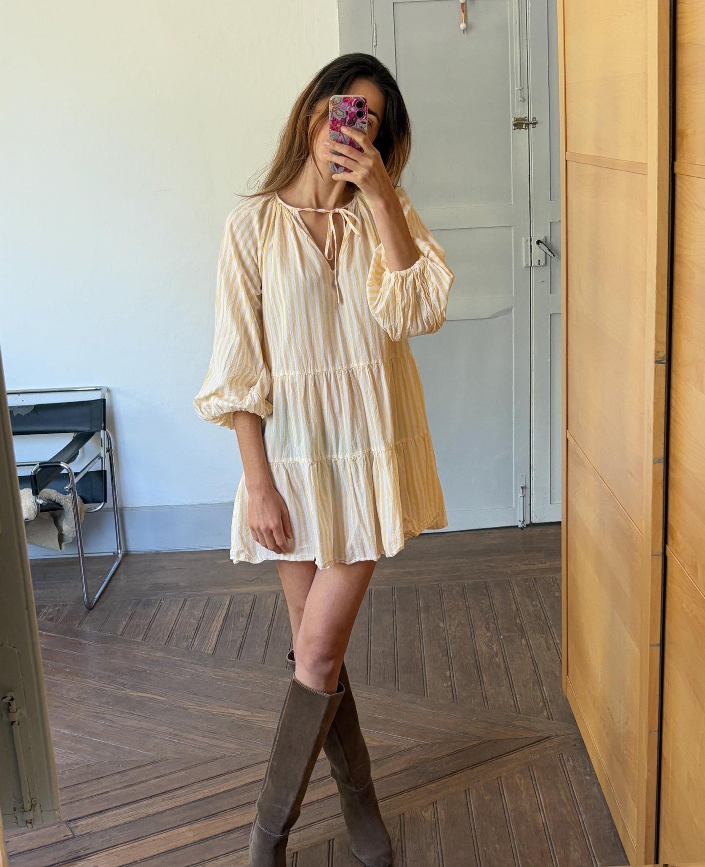 Short yellow and white cute striped mini dress with Puff sleeves, Scandic fashion piece of clothing, Unique short summer dress, Size S