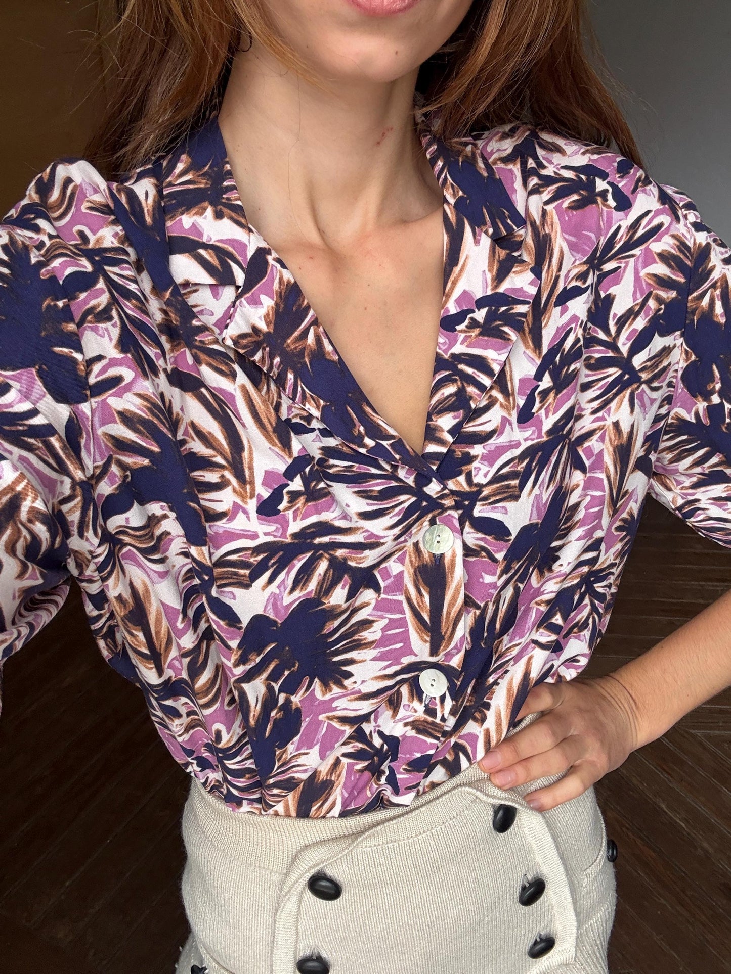 Vintage Hawaiian Shirt, Tropical Print Button Up, Short Sleeve Summer Shirt, Unisex Relaxed Fit, Purple Palm Leaves, Size L