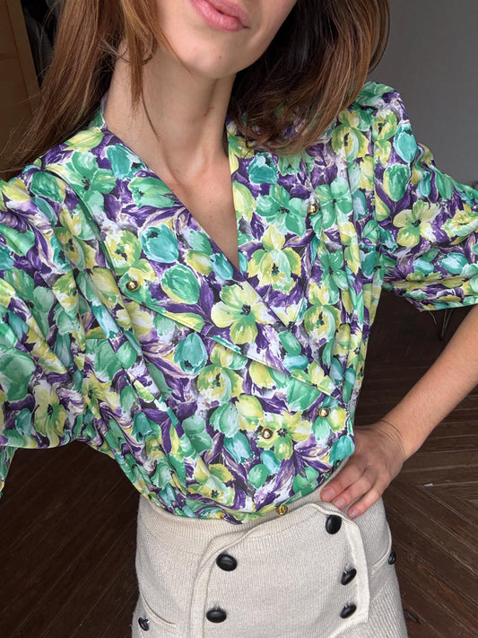 Vintage floral woman camisole, 60s flower top, Short sleeve colourful feminine summer clothing