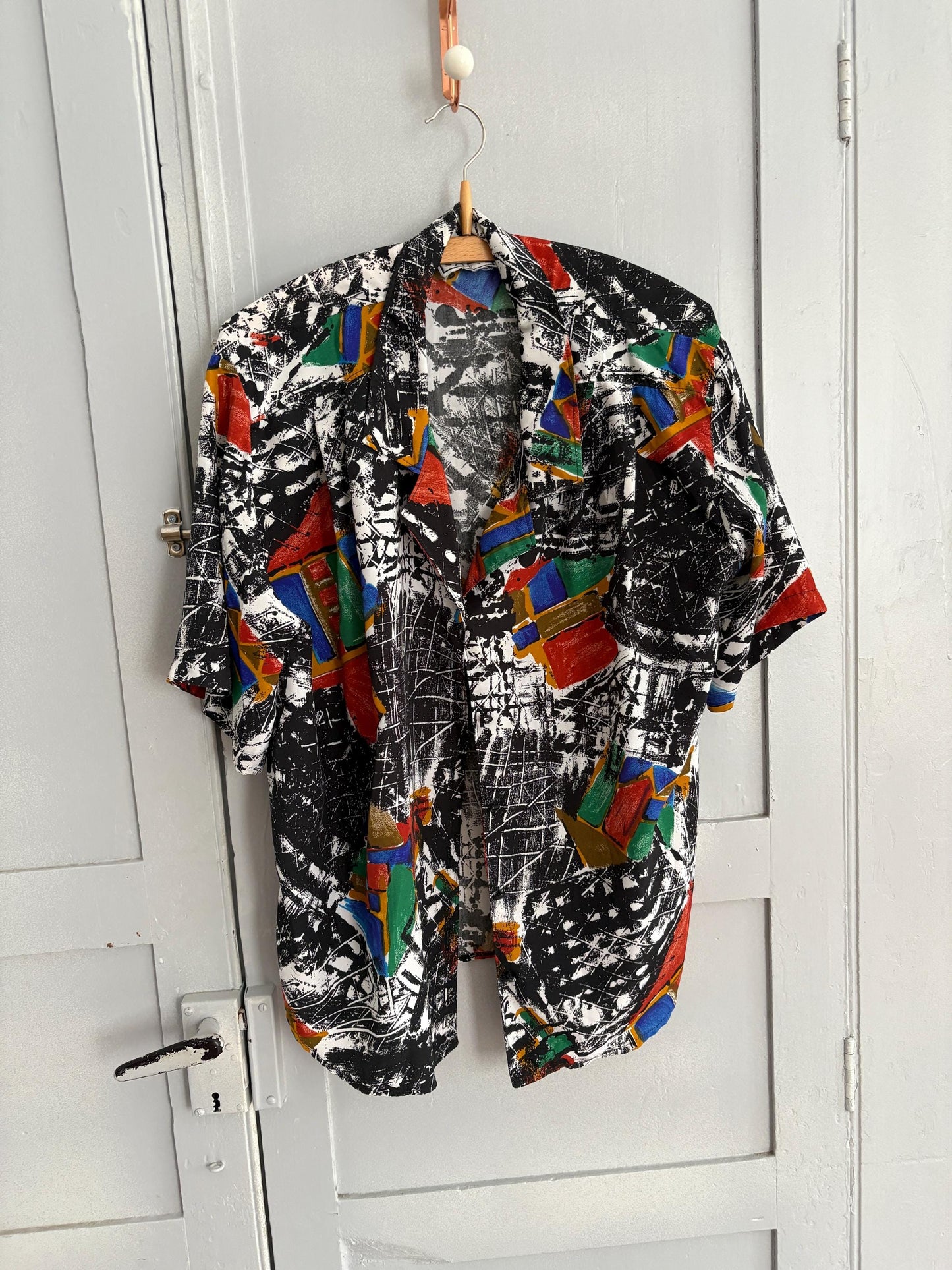 Vintage abstract retro button up shirt, Patterned top, Cute short sleeve summer shirt, Loose oversized 70s blouse