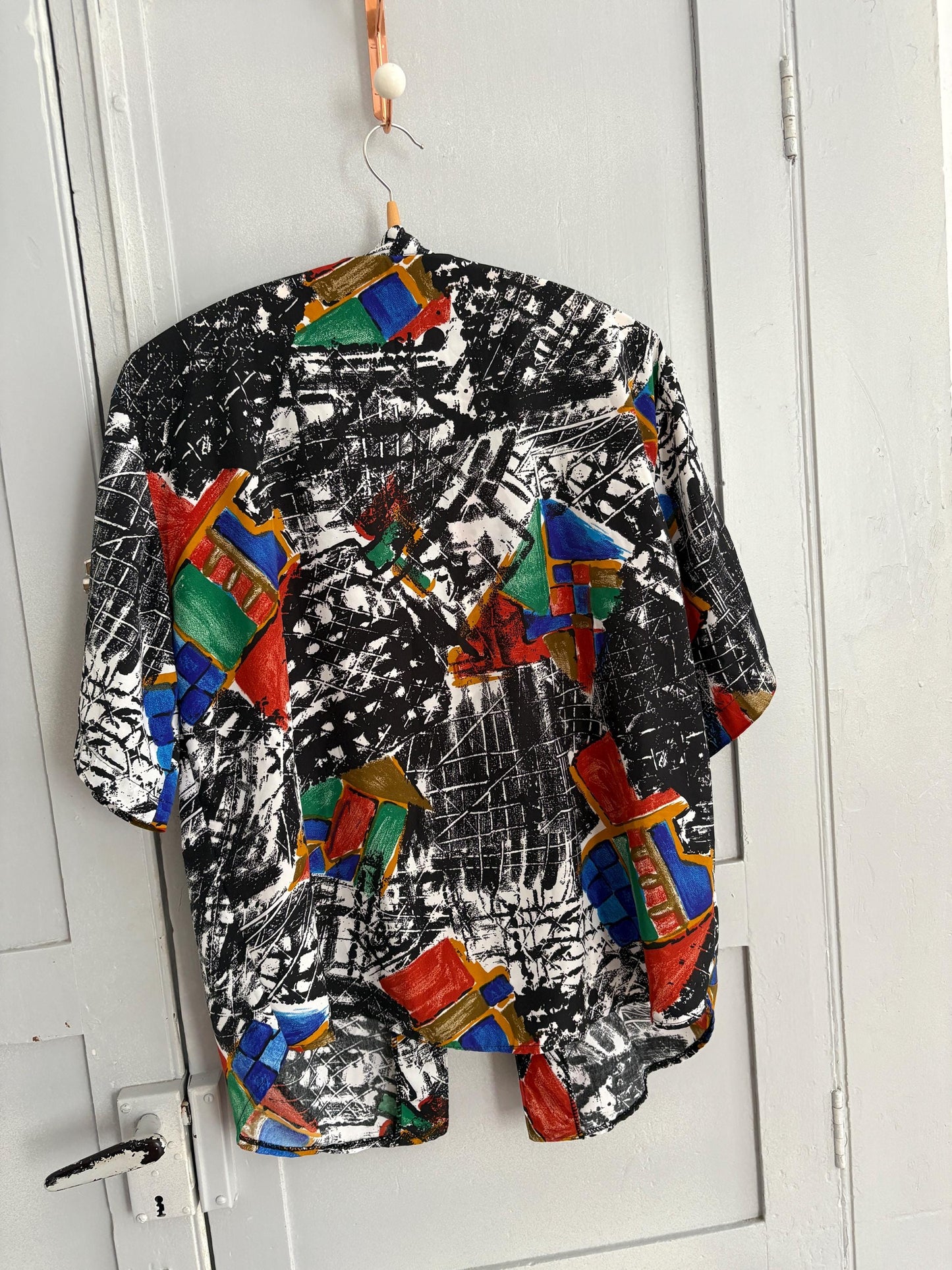 Vintage abstract retro button up shirt, Patterned top, Cute short sleeve summer shirt, Loose oversized 70s blouse