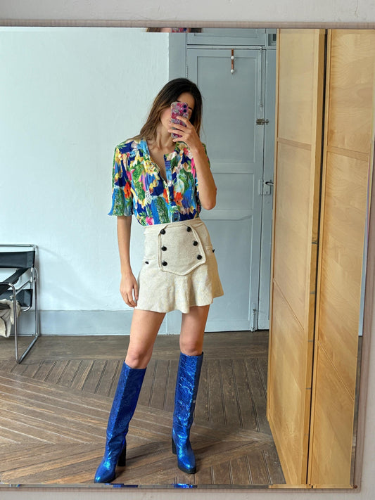 Vintage tropical floral woman camisole, 60s flower top, Short sleeve colourful feminine summer clothing