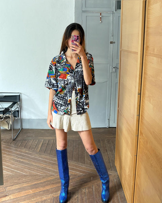 Vintage abstract retro button up shirt, Patterned top, Cute short sleeve summer shirt, Loose oversized 70s blouse