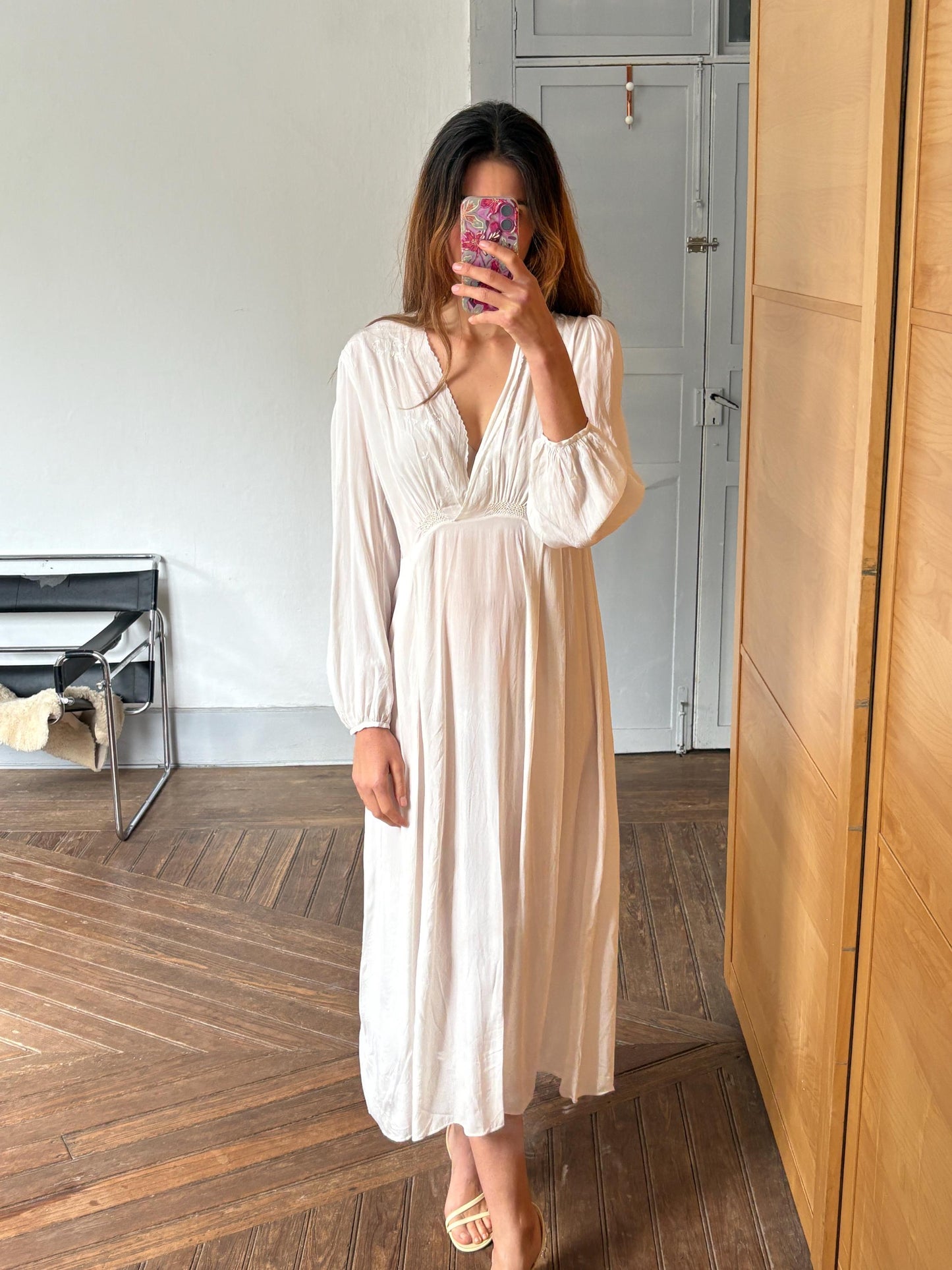 Authentic Vintage Ivory Nightgown – Long Silky feel Nightdress, Romantic Sleepwear, Boho Loungewear, Cottage core Prairie Dress