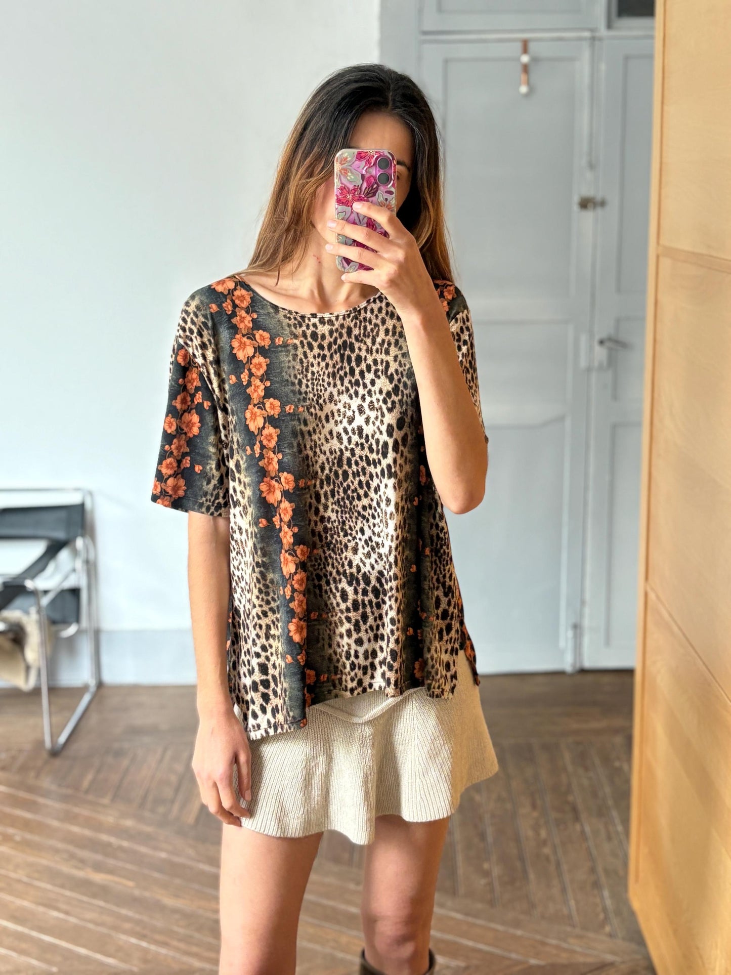 Leopard Print Floral Blouse, Bold Animal Print Top, Oversized Loose Fit Shirt, Vintage Statement Blouse, Women’s Size L, Boho Chic Fashion