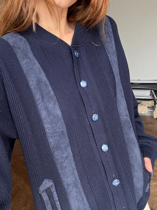 Navy blue vintage Men cardigan, Classic Dark Academia aesthetic jumper, Grandpa fashion winter knit wear