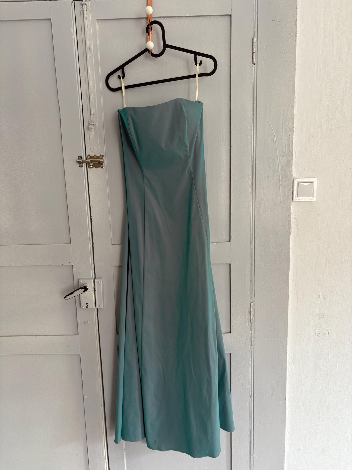 Vintage Strapless Blue Formal Dress, Shiny Wedding Guest Dress, Elegant Corset Bodice Gown, Long Evening Dress, Size 12