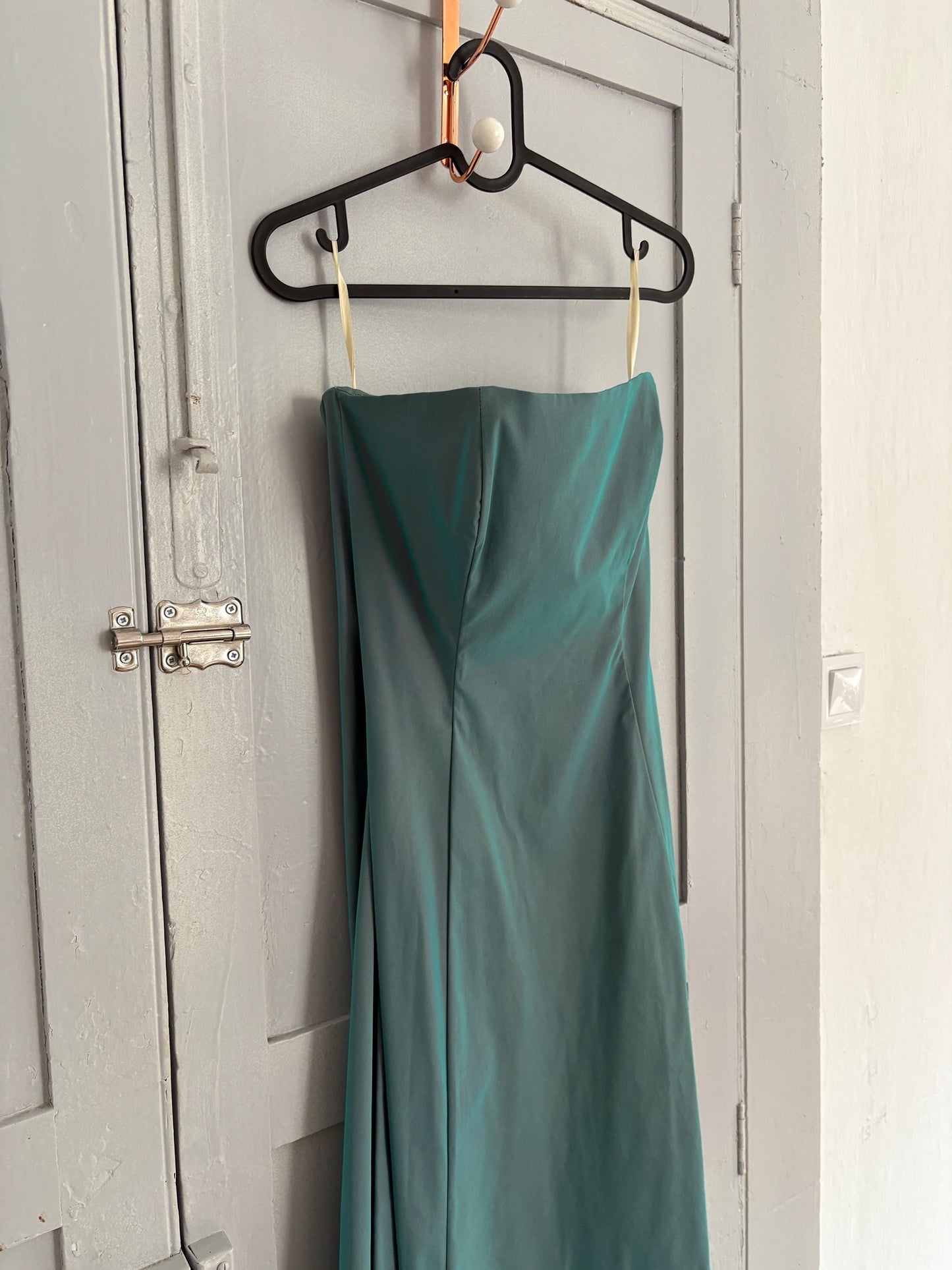 Vintage Strapless Blue Formal Dress, Shiny Wedding Guest Dress, Elegant Corset Bodice Gown, Long Evening Dress, Size 12