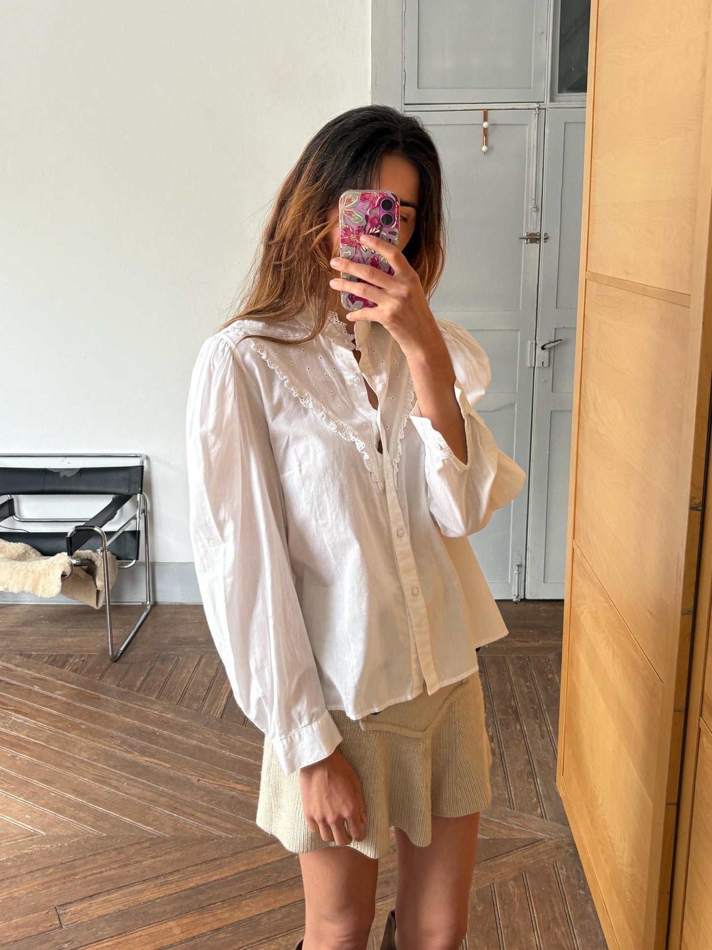 Vintage White Lace Blouse – Romantic French Cottagecore – 100% Cotton – Victorian Prairie Aesthetic – High Neck, Eyelet Lace – M - L