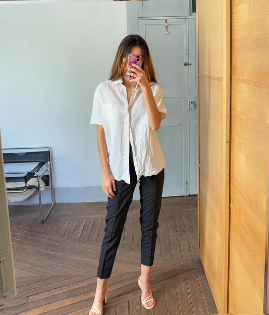 Vintage white smart men button up shirt, playful summer button down, Boxy fit Boyfriend blouse, knot tie shirt, Dark Academia shirt