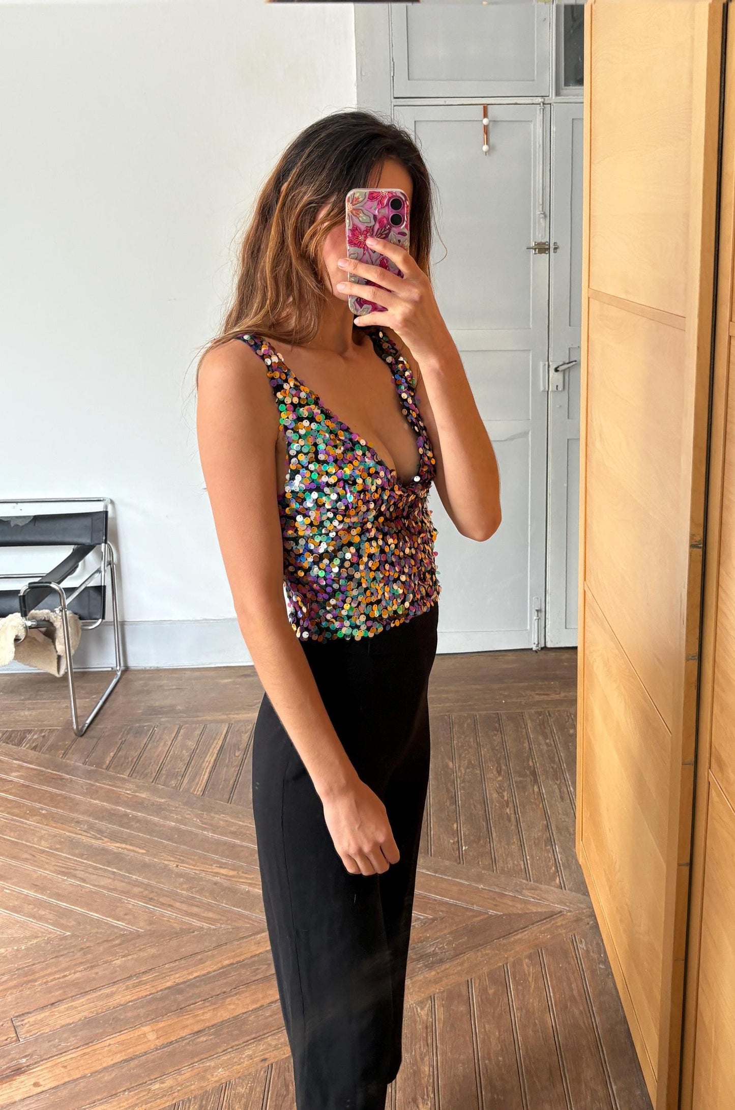 Vintage Sequin Crop Top – Multicolor Sparkle Party Tank – Sleeveless Y2K Glitter Vest – Size XS-S (US) / 34-36 (EU)