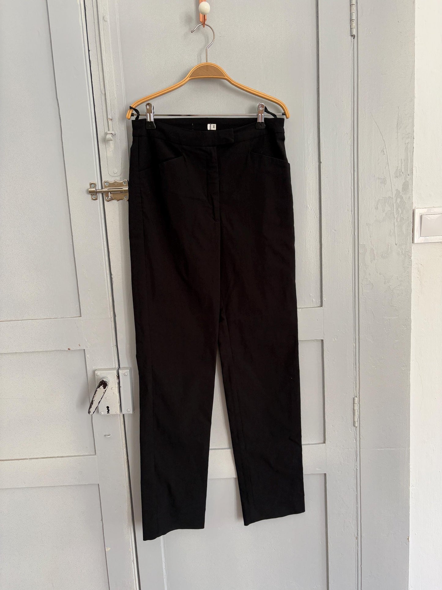 Vintage black mid waist trousers, Basic girl simple retro stretchy pants