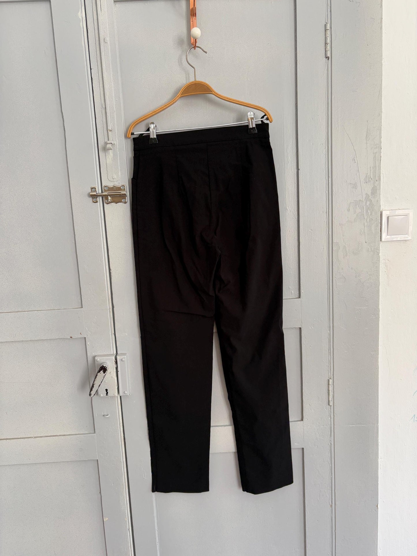Vintage black mid waist trousers, Basic girl simple retro stretchy pants