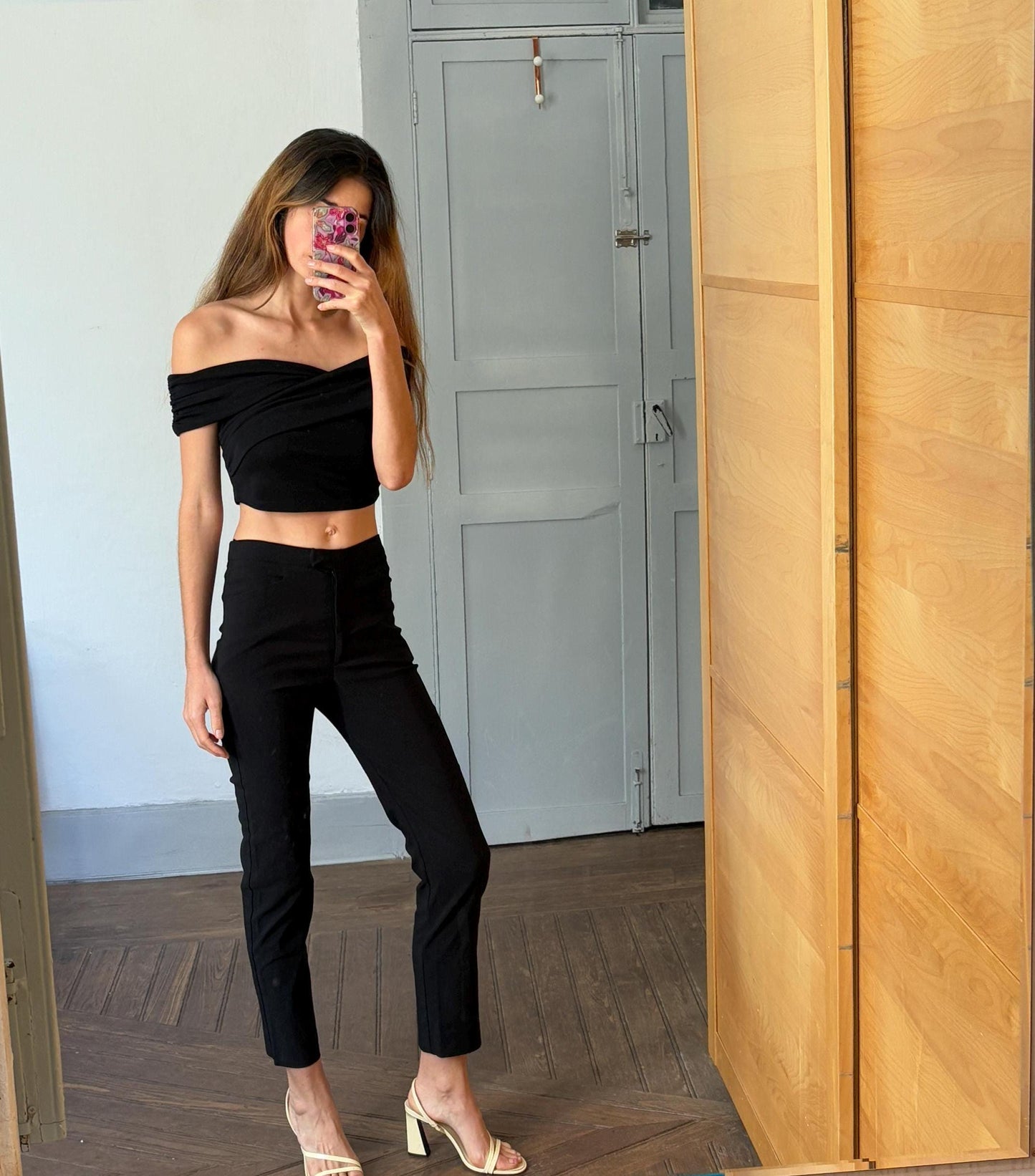 Vintage black mid waist trousers, Basic girl simple retro stretchy pants