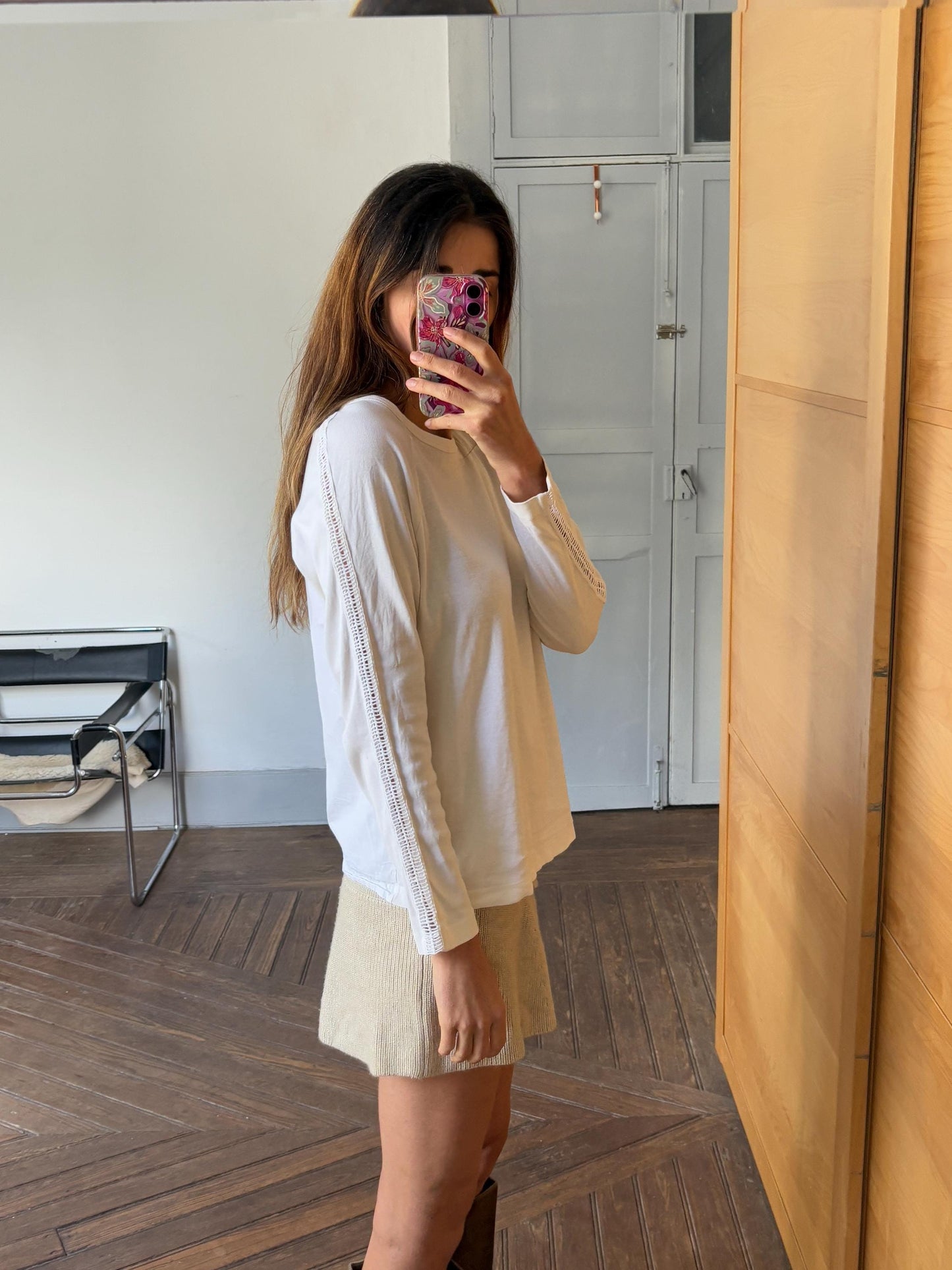 Vintage white See by Chloé long sleeve shirt, Luxury open crochet work secondhand branded woman fashion, Elegant white shirt