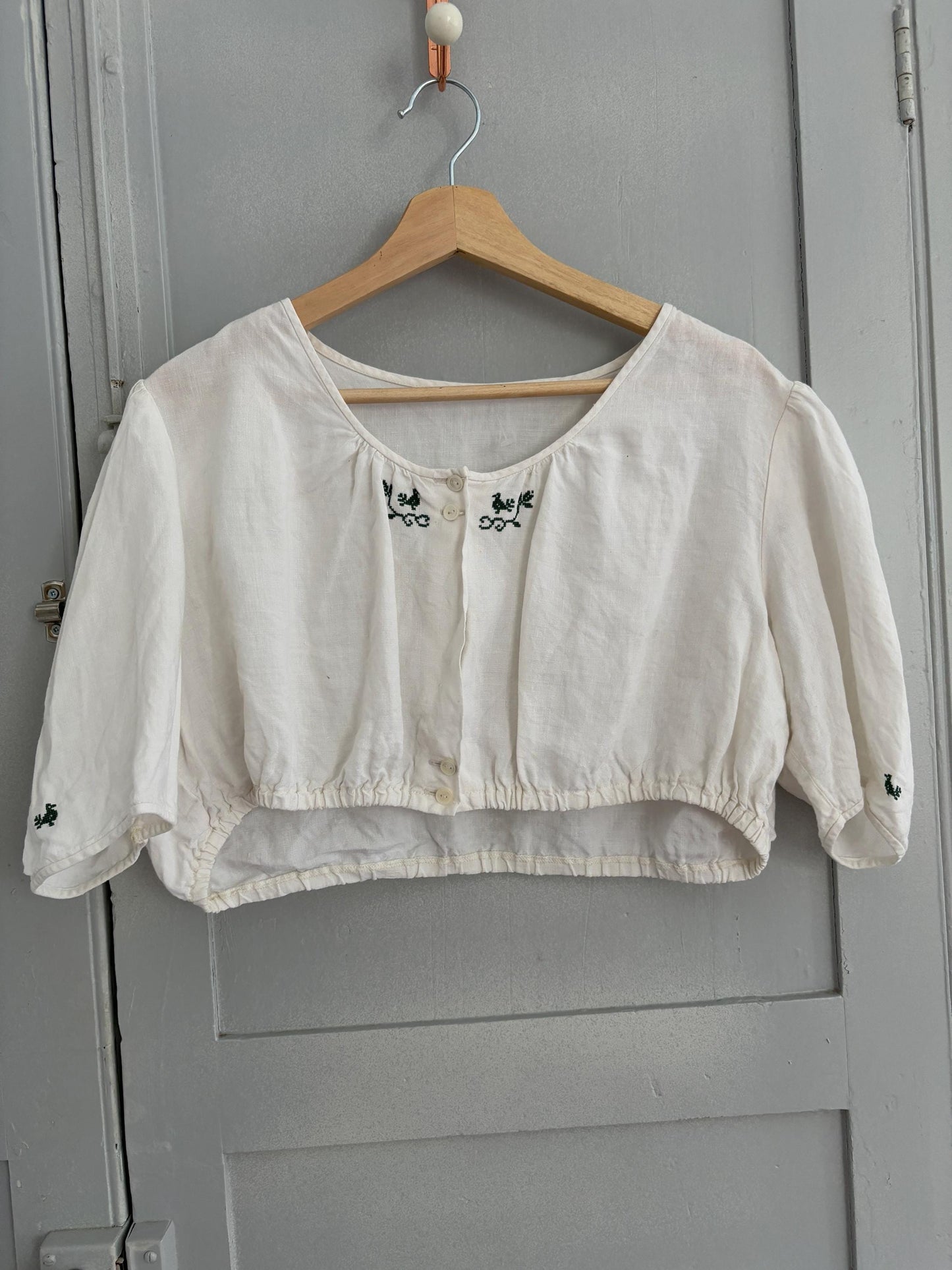 Antique French farm girl cotton top, Green bird embroidered damask handmade shirt, Puff sleeve Vintage white romantic crop top,