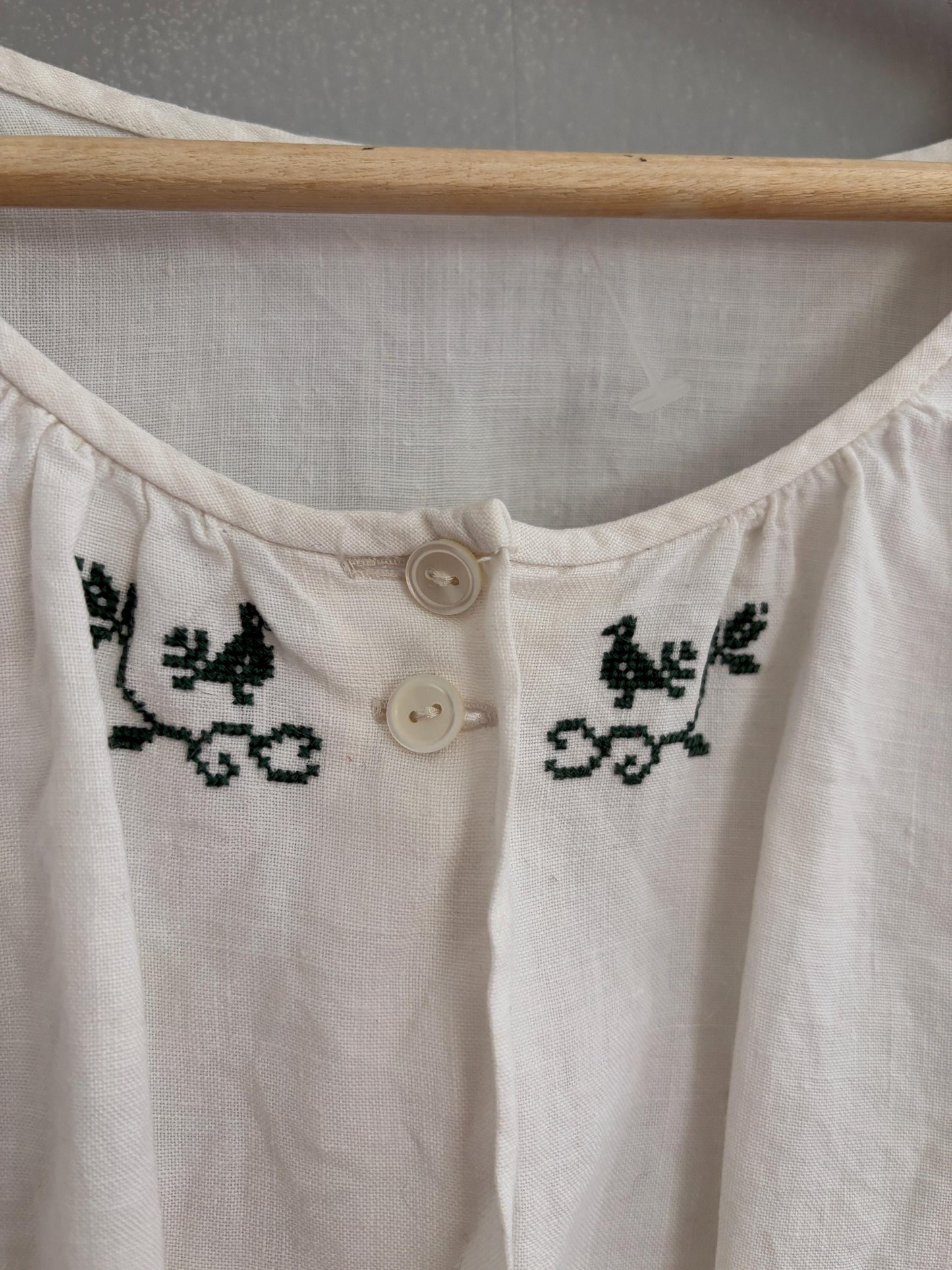 Antique French farm girl cotton top, Green bird embroidered damask handmade shirt, Puff sleeve Vintage white romantic crop top,