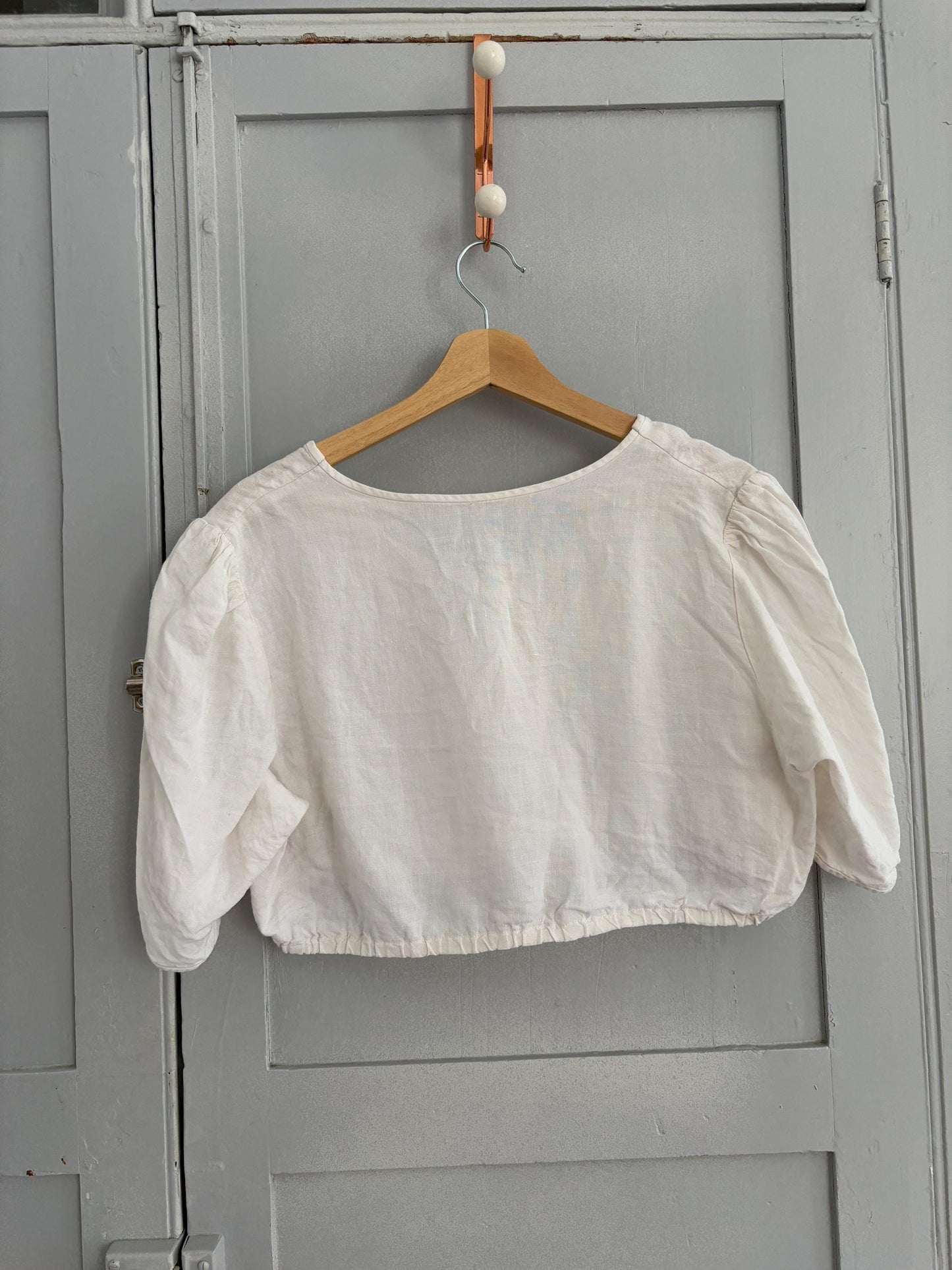 Antique French farm girl cotton top, Green bird embroidered damask handmade shirt, Puff sleeve Vintage white romantic crop top,