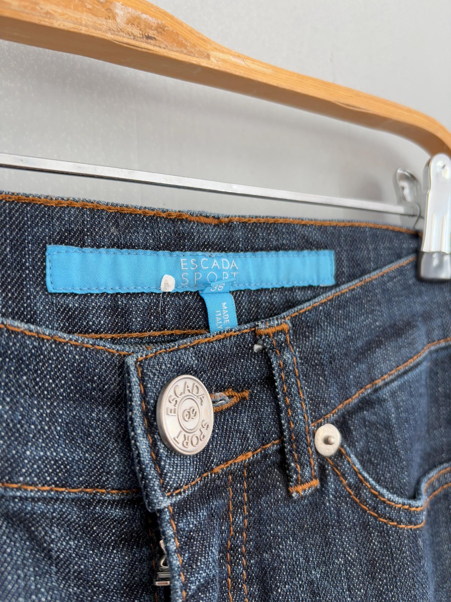 Y2k designer jeans, ESCADA SPORT low waist denim flares, Super sexy women dark blue jeans, Cropped bootcut retro trousers