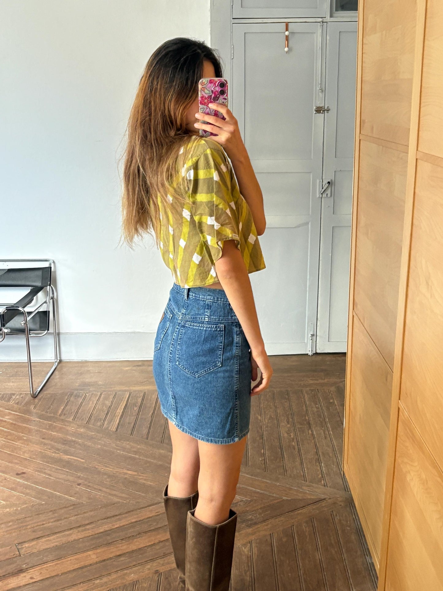 Vintage Cropped Woman Top – 70s Groovy Print, 100% Cotton, Boho Indie Retro Aesthetic