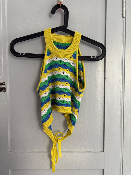 Vintage Vibrant yellow and green crochet woman camisole, Retro colourful knit crop top, Sleeveless colourful feminine festival wear