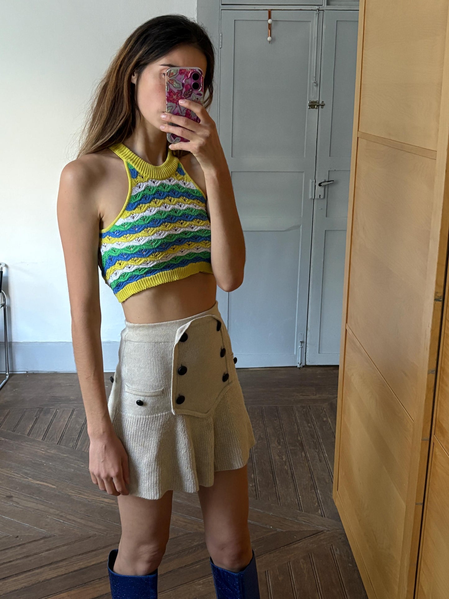 Vintage Vibrant yellow and green crochet woman camisole, Retro colourful knit crop top, Sleeveless colourful feminine festival wear